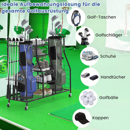 Golfbag-Organizer-Regal mit Rollen für 2 Taschen, Schwarz