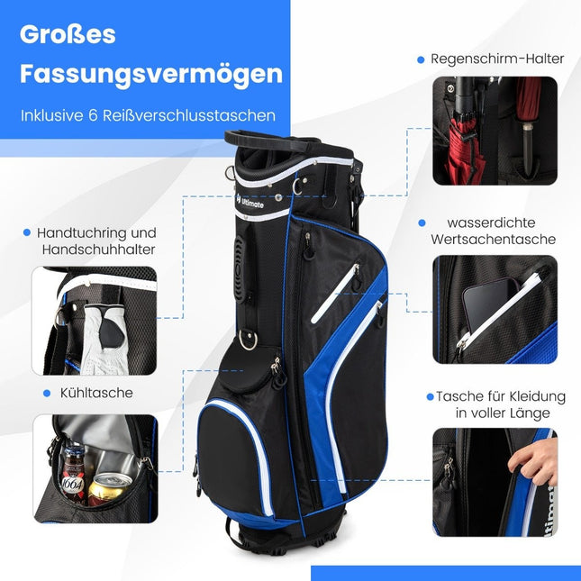 Golftasche mit 14-facher Unterteilung, 6 Fächern, Regenhaube, Blau