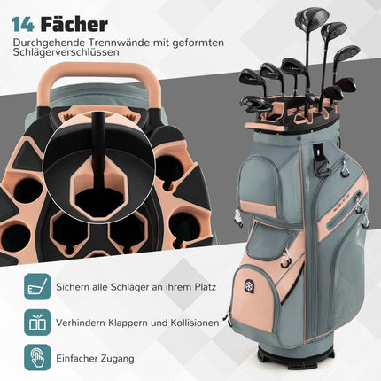 Golfový cart bag, 14dílná přepážka, 11 kapes, růžová