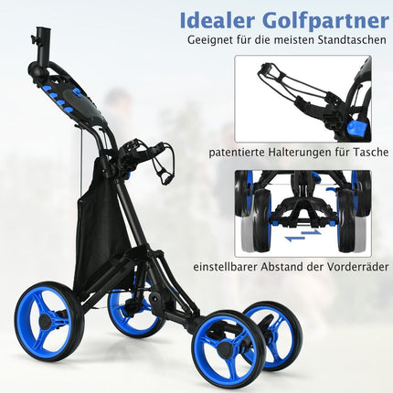 Golftrolley, 4-Rad-Golftrolley, Golfwagen, Golf, faltbarer Golf-Caddy, Golf-Push-Cart aus Aluminium, Blau