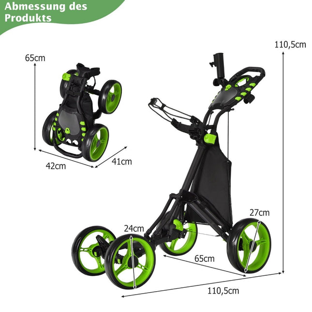 Golfový vozík 4kolový, skládací golfový caddy, push cart z hliníku, zelená