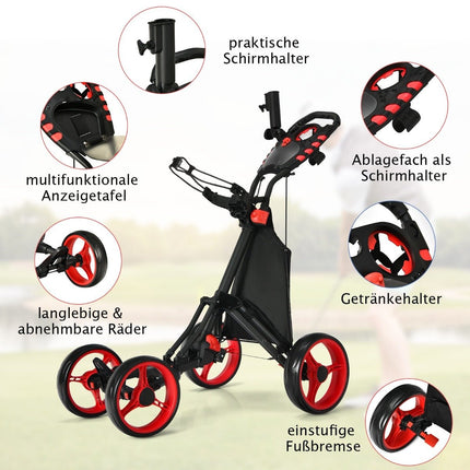 Golftrolley, 4-Rad-Golftrolley, Golfwagen, faltbarer Golf-Caddy, Golf-Push-Cart aus Aluminium, Rot
