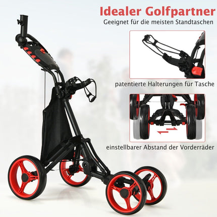 Golftrolley, 4-Rad-Golftrolley, Golfwagen, faltbarer Golf-Caddy, Golf-Push-Cart aus Aluminium, Rot