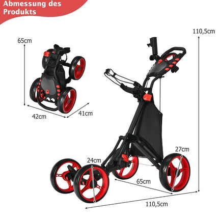 Golftrolley, 4-Rad-Golftrolley, Golfwagen, faltbarer Golf-Caddy, Golf-Push-Cart aus Aluminium, Rot