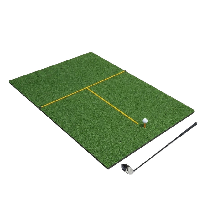 Golfová odpalová podložka se 2 gumovými týčky, 2 zaměřovacími tyčemi a 6 pozicemi týčka, 152 x 117 cm, tloušťka 27 mm