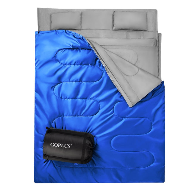 Goplus dubbele slaapzak 2 personen XL deken slaapzak slaapzak met 2 kussens zwart/blauw 220 x 150 cm-blauw