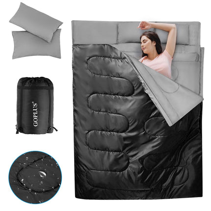 Goplus Doppelschlafsack für 2 Personen XL Deckenschlafsack mit 2 Kissen schwarz 220 x 150 cm
