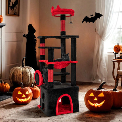 Gothic Cat Tree with Plush Perch, Scratching Posts, Black & Red