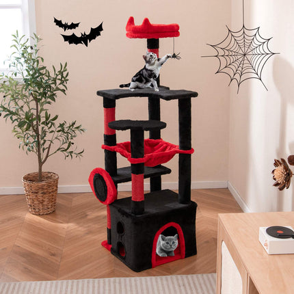 Gothic Cat Tree with Plush Perch, Scratching Posts, Black & Red