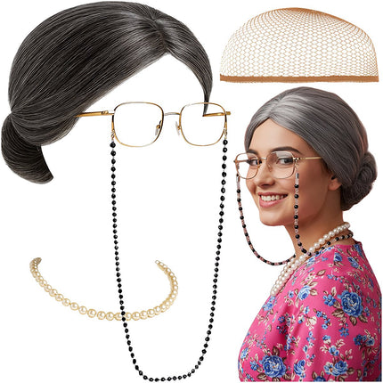 Grandma Costume Set with Wig, Glasses, and Pearls