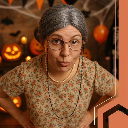 Grandma Costume Set with Wig, Glasses, and Pearls