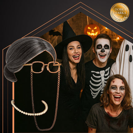 Grandma Costume Set with Wig, Glasses, and Pearls