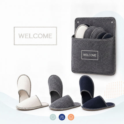 Gray Felt Guest Slippers Set, 6 Pairs with Storage Bag