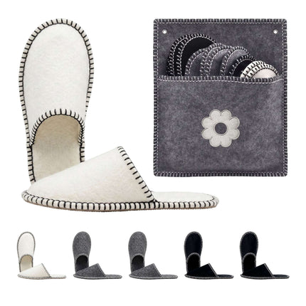 Gray Felt Guest Slippers Set, 6 Pairs with Storage Bag