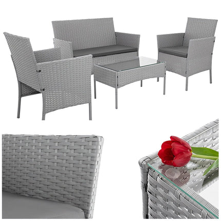 Gartensitzgruppe aus grauem Rattan – 2 Stühle, Sofa, Tisch