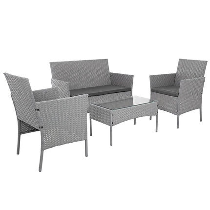 Gartensitzgruppe aus grauem Rattan – 2 Stühle, Sofa, Tisch