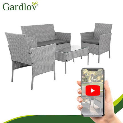 Gartensitzgruppe aus grauem Rattan – 2 Stühle, Sofa, Tisch