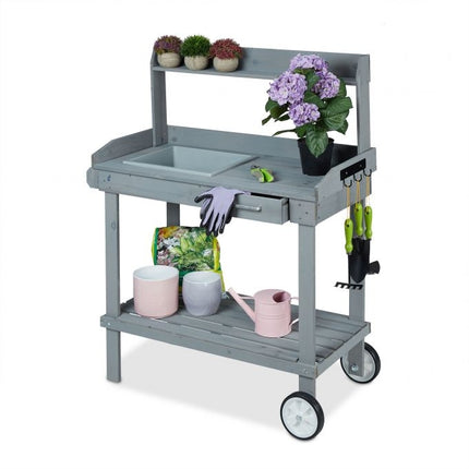 Gray planter table with wheels