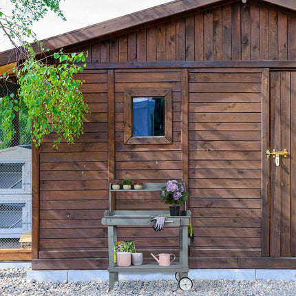 Gray planter table with wheels
