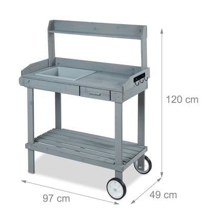 Gray planter table with wheels