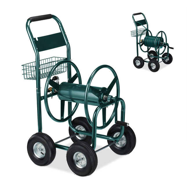Grüner Gartenschlauchwagen mit Rolle für 4 Räder