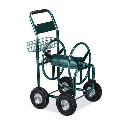 Grüner Gartenschlauchwagen mit Rolle für 4 Räder