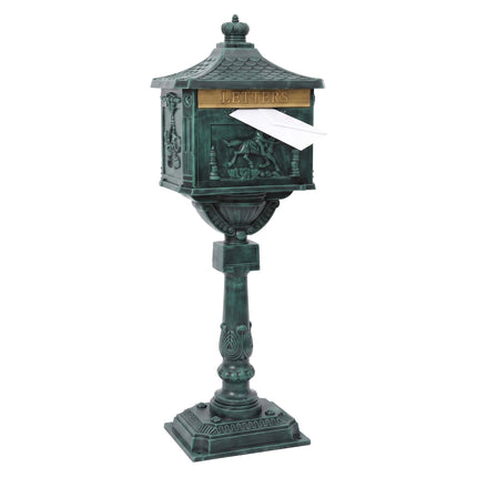 Green Antique Freestanding Column Letterbox, Aluminium