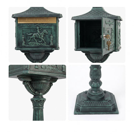 Green Antique Freestanding Column Letterbox, Aluminium