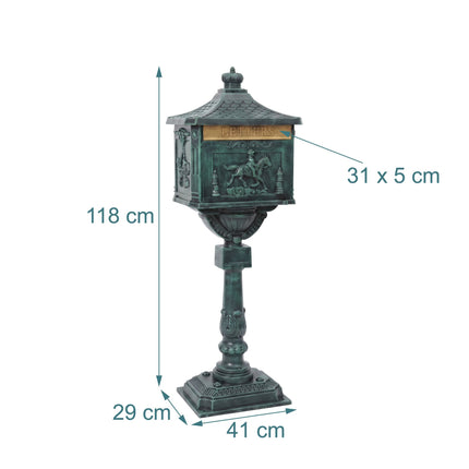 Green Antique Freestanding Column Letterbox, Aluminium