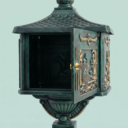 Green Antique Freestanding Column Letterbox, Aluminium