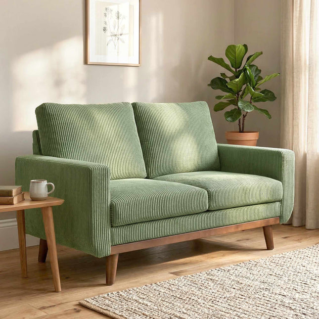 Grünes Cord-Zweisitzer-Sofa, 134 cm mit Taschenfederkern