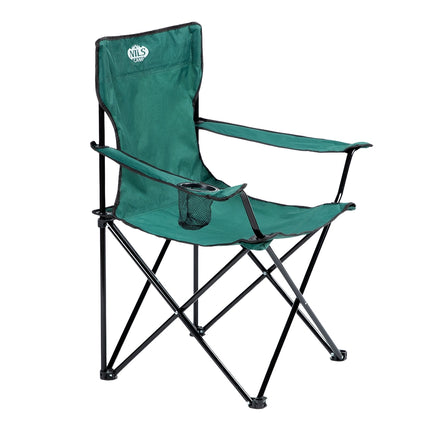 Grüner klappbarer Campingstuhl mit Becherhalter