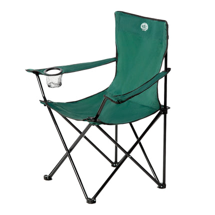 Grüner klappbarer Campingstuhl mit Becherhalter