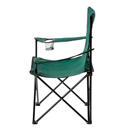 Grüner klappbarer Campingstuhl mit Becherhalter