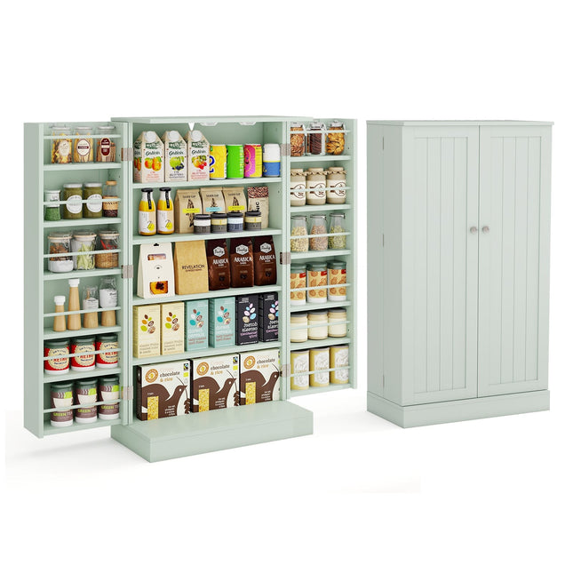 Green Kitchen Pantry Cabinet with Adjustable Shelves, 104 cm
