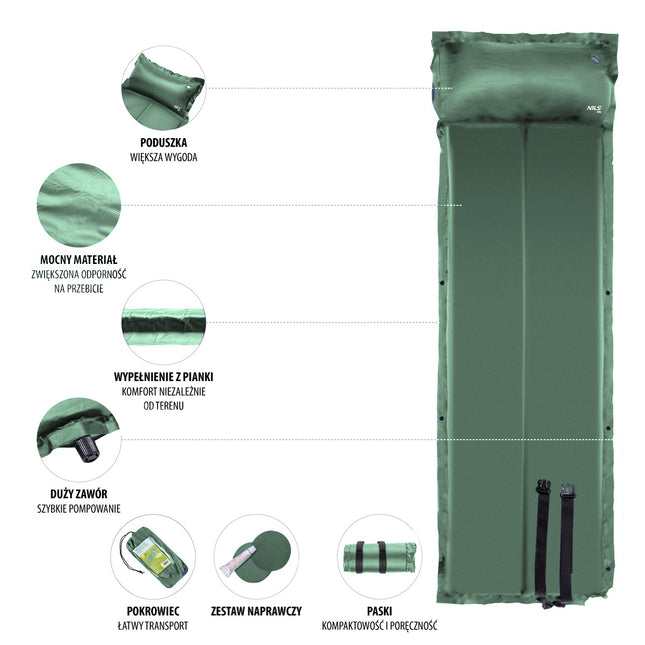 Groene zelfopblazende kampeermat, compact en lichtgewicht
