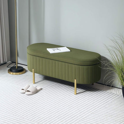 Green Velvet Storage Bench with Gold Legs, 19-Gallon Capacity