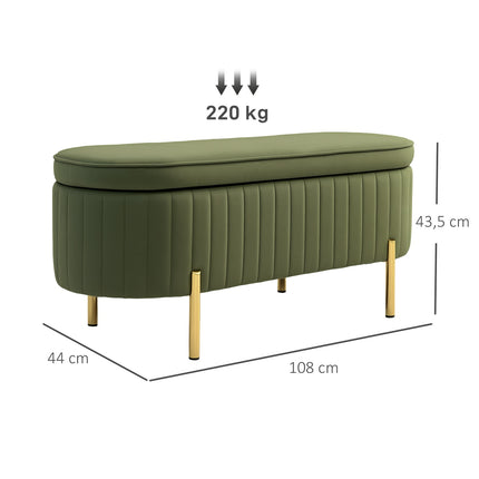 Green Velvet Storage Bench with Gold Legs, 19-Gallon Capacity