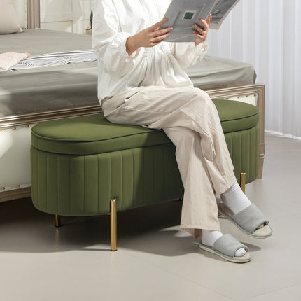 Green Velvet Storage Bench with Gold Legs, 19-Gallon Capacity