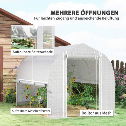 Kas 3 x 2 x 2 m foliekas met 4 ramen & deur, oprolbare zijwanden, UV-bestendige folietunnel tomatenhuis met gegalvaniseerd stalen frame, wit