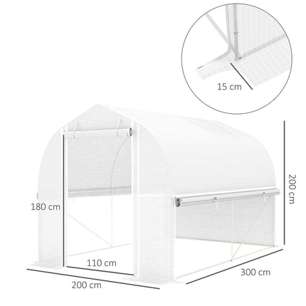 Kas 3 x 2 x 2 m foliekas met 4 ramen & deur, oprolbare zijwanden, UV-bestendige folietunnel tomatenhuis met gegalvaniseerd stalen frame, wit