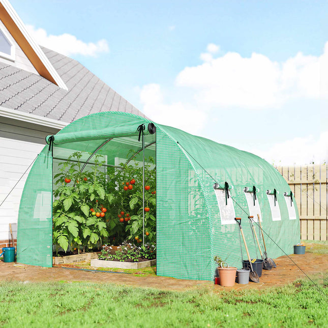 Greenhouse 4x3x2m with PE Cover, Roll-Up Doors & Mesh Windows
