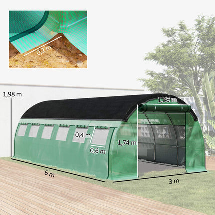 Kas 6 x 3 x 2 m foliekas met 12 ramen, roldeuren, oprolbare zijwanden, UV-bestendige folietunnel, wintervaste tomatenhuis met grondanker, groen