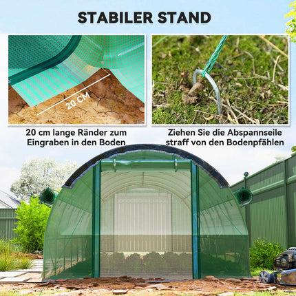 Kas 6 x 3 x 2 m foliekas met 12 ramen, roldeuren, oprolbare zijwanden, UV-bestendige folietunnel, wintervaste tomatenhuis met grondanker, groen