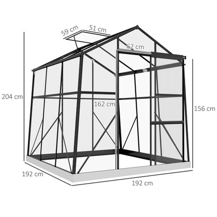 Kas Aluminium 192 X 192 X 204 Cm Kas 3,68 M² Tomatenhuis Met Raam, Schuifdeur, Fundering, Kweekplantenhuis, Zwart