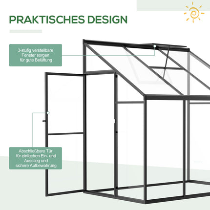 Gewächshausschuppen, abschließbare Tür & verstellbares Dach, schwarzes Aluminium