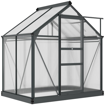 Kas aluminium kas 190 x 132 x 201 cm met dakraam en deur, inloopplantenkast met fundering, weerbestendig, grijs-transparant