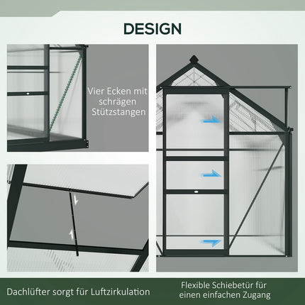 Kas aluminium kas 190 x 132 x 201 cm met dakraam en deur, inloopplantenkast met fundering, weerbestendig, grijs-transparant