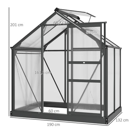 Kas aluminium kas 190 x 132 x 201 cm met dakraam en deur, inloopplantenkast met fundering, weerbestendig, grijs-transparant