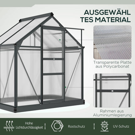 Kas aluminium kas 190 x 132 x 201 cm met dakraam en deur, inloopplantenkast met fundering, weerbestendig, grijs-transparant